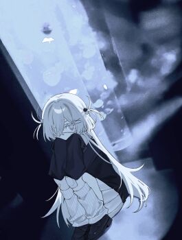 1girl arms_on_knees bandaid bandaid_on_knee bandaid_on_leg black_shoes eyepatch full_body gauze hair_bobbles hair_ornament highres knees_up leg_warmers loafers long_hair long_sleeves looking_at_viewer medical_eyepatch original pleated_skirt shoes si_(wooupp) sitting skirt sleeves_past_fingers sleeves_past_wrists socks solo squatting thick_eyelashes two_side_up very_long_hair white_eyes white_hair white_leg_warmers white_socks