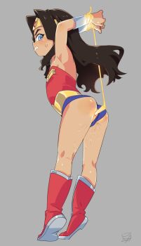 1girl aged_down anal anal_object_insertion anus arched_back arms_up ass bdsm black_hair blue_eyes bondage boots bound bound_wrists bracer clenched_teeth clothing_aside dc_comics flat_chest full_body grey_background lasso lasso_of_truth leaning_forward leotard leotard_aside loli long_hair object_insertion profile red_boots satsuyo solo strapless strapless_leotard sweatdrop teeth tiara tiptoes webp-to-png_conversion wonder_woman wonder_woman_(series)