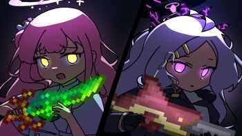 Rule 34 | 2girls, ahoge, black coat, black suit, blue archive, blunt bangs, capelet, coat, dress, flower, fluffy hair, formal clothes, glowing, glowing eyes, gun, hair bun, hair flower, hair ornament, hairclip, halo, highres, hina (blue archive), holding, holding gun, holding sword, holding weapon, horns, long hair, long sidelocks, looking at viewer, mika (blue archive), multiple girls, open mouth, pink hair, pixel art, purple eyes, raw beef, sidelocks, single hair bun, suit, sword, terraria, weapon, white capelet, white dress, white hair, yellow eyes