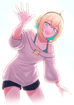 1girl :d amano_pikamee amano_pikamee_(1st_costume) aqua_eyes arm_up backlighting black_hairband black_shorts blonde_hair cipher4109 commentary english_commentary hairband highres long_sleeves looking_at_viewer off-shoulder_shirt off_shoulder open_mouth shirt short_hair shorts simple_background smile solo virtual_graduation_commemoration virtual_youtuber voms waving white_background