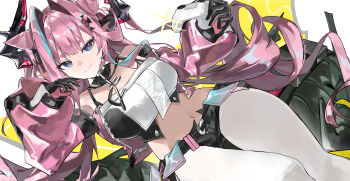 Rule 34 | 1girl, absurdres, arknights, arknights: endfield, arm support, bare shoulders, black gloves, blue eyes, blue streaks, breasts, chinese commentary, commentary request, controller, crop top, detached sleeves, dragon girl, dragon horns, game controller, gloves, hair intakes, highres, holding, holding controller, holding game controller, horns, jacket, large breasts, long hair, long sleeves, looking at viewer, multicolored hair, naiping kele, navel, pants, pink gloves, pink hair, pink jacket, pointy ears, shirt, smile, solo, sparkle, stomach, streaked hair, twintails, two-sided gloves, very long hair, white pants, white shirt, yvonne (arknights)