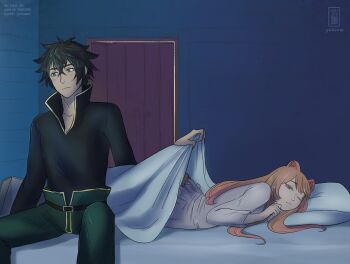 Rule 34 | 1boy, 1girl, animal ears, arm shield, artist name, black hair, black shirt, blanket, blush, closed mouth, collarbone, commentary request, couple, cowboy shot, green eyes, green pants, grey nightgown, hetero, high collar, highres, indoors, iwatani naofumi, long hair, long sleeves, lying, messy hair, night, nightgown, on bed, on stomach, one eye closed, orange hair, pants, pillow, pink eyes, pixiv id, raccoon ears, raccoon girl, raccoon tail, raphtalia, shirt, short hair, sitting, tail, tate no yuusha no nariagari, tumblr username, vk username, yuria-chu