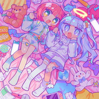 2girls :3 :d @_@ asymmetrical_legwear bag_of_chips bandaid bandaid_on_cheek bandaid_on_face bandaid_on_knee bandaid_on_leg blue_eyes blue_hair blunt_bangs blush candy carrot_hair_ornament cd cellphone commentary_request controller food food-themed_hair_ornament frilled_shorts frills full_body game_controller green_eyes hair_ornament halo heart heart-shaped_pupils highres holding_hands jacket lollipop long_hair long_sleeves looking_at_viewer melting_halo microphone multiple_girls navel one_side_up open_mouth original phone red_hair ribbed_socks richard_(richaball) short_hair shorts single_sock single_thighhigh smile socks stuffed_animal stuffed_rabbit stuffed_toy sweat swirl_lollipop symbol-shaped_pupils teddy_bear thigh_strap thighhighs uneven_legwear white_jacket white_shorts white_socks yellow_halo yume_kawaii