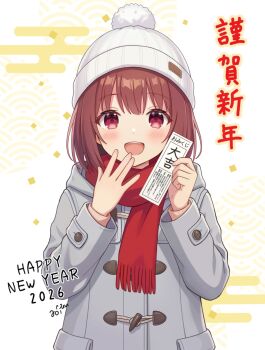 1girl 2026 :d beanie blush brown_hair coat commentary grey_coat happy_new_year hat highres long_sleeves looking_at_viewer new_year omikuji open_mouth original red_eyes red_scarf scarf short_hair smile solo upper_body uru_aoi23 white_hat