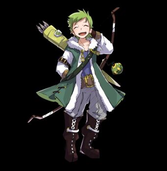 1boy :d ^_^ arm_behind_head arm_belt arm_up belt black_background blue_shirt boots bow_(weapon) brown_belt brown_boots brown_gloves closed_eyes coat collarbone full_body gloves green_coat green_hair highres holding holding_bow_(weapon) holding_weapon merc_storia merc_storia_art_team official_art open_mouth pants quiver ryan_(merc_storia) shirt short_hair simple_background smile solo standing tachi-e teeth upper_teeth_only very_short_hair weapon white_pants
