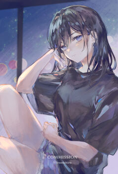 1girl artist_name black_hair black_shirt blue_eyes blue_nails blush commentary commission denim denim_shorts earrings highres jewelry long_hair mishiro_(iromishiro) original shirt short_sleeves shorts skeb_commission solo t-shirt
