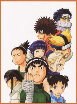 3girls 6+boys absurdres aburame_shino akimichi_chouji bandaged_hand bandages black_hair blonde_hair blue_hair border brown_border brown_eyes brown_hair closed_eyes closed_mouth double_bun earrings facial_mark forehead_protector glasses hair_bun hair_ornament highres hyuuga_hinata hyuuga_neji inuzuka_kiba jewelry kishimoto_masashi konohagakure_symbol long_hair multiple_boys multiple_girls nara_shikamaru naruto_(classic) naruto_(series) official_art outside_border ponytail rock_lee scan short_hair simple_background spiked_hair tenten_(naruto) white_background yamanaka_ino