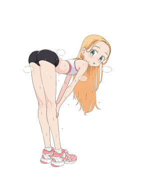 1girl absurdres age_difference ass bent_over blonde_hair blush cameltoe female_focus flat_chest full_body highres legs leims_(urje8584) loli long_hair long_legs original sasha_(haguhagu) shoes short_shorts shorts socks solo sports_bra standing sweat thighs white_background