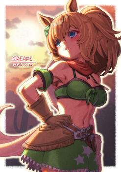 1girl animal_ears armband bare_shoulders blue_eyes blush breasts brown_gloves brown_hair cleavage collarbone commentary_request cowboy_hat cowboy_shot creape crop_top cropped_shirt elbow_gloves gloves green_armband green_shirt green_skirt groin gun hair_between_eyes hair_ornament hat hat_on_back highres holstered horse_ears horse_girl horse_tail large_breasts linea_alba long_hair looking_at_viewer midriff navel outstretched_arms partial_commentary ponytail red_scarf scarf shadow sheriff_badge shirt sidelocks skindentation skirt smile solo standing star_(symbol) star_hair_ornament star_print stomach taiki_shuttle_(umamusume) tail umamusume weapon