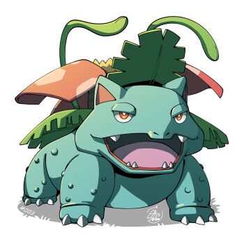 bright_pupils brown_eyes clip_studio_paint_(medium) colored_skin full_body gen_1_pokemon green_skin leaf looking_at_viewer mistray-art nintendo no_humans numbered open_mouth plant pokemon pokemon_(creature) signature simple_background solo venusaur vines white_background white_pupils
