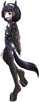 1girl anal anal_beads anal_object_insertion anal_tail animal_ears arm_binder armbinder arms_behind_back bdsm bit_gag black_bodysuit black_eyes black_hair blinders bodysuit bondage boots bound bound_arms breasts bridle butt_plug collar fake_animal_ears fake_tail falalalalalalal full_body gag gag_harness hairband harness heel-less_heels highres hoof_shoes horse_ears horse_tail looking_at_viewer object_insertion original pet_play platform_boots pony_play posture_collar sex_toy shiny_clothes short_hair skin_tight slave small_breasts solo standing standing_on_one_leg tail thigh_boots vaginal vaginal_object_insertion white_background