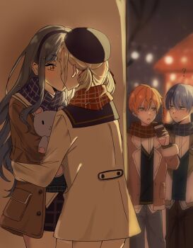 2boys 2girls ? aoyagi_touya azusawa_kohane black_hair black_hairband black_hat blonde_hair blue_hair blue_scarf blush brown_coat coat commentary cup hairband hat highres holding holding_cup holding_stuffed_toy kiss looking_at_another multiple_boys multiple_girls night orange_eyes orange_hair outdoors plaid_clothes plaid_scarf project_sekai red_scarf scarf shinonome_akito shiraishi_an short_hair short_twintails stuffed_animal stuffed_toy symbol-only_commentary translation_request twintails yuri zero_(zero_2255)