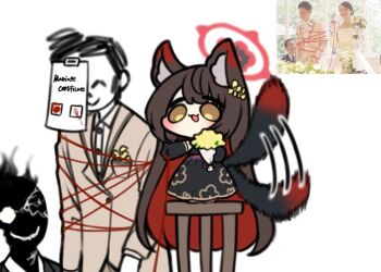 1girl 2boys absurdly_long_hair animal_ear_fluff animal_ears black_dress black_gloves black_hair black_suit_(blue_archive) blue_archive bound bound_arms bound_torso bouquet brown_jacket chibi colored_inner_hair doodle_sensei_(blue_archive) dress flower fox_ears fox_girl fox_tail gloves halo holding holding_bouquet holding_leash jacket leash long_hair meme multicolored_hair multiple_boys otu_(o2h2_oh4) photo-referenced red_hair red_halo sensei_(blue_archive) tail tail_wagging two-tone_hair very_long_hair wakamo_(blue_archive) yellow_flower