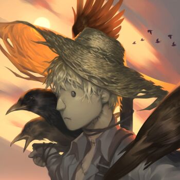 1boy absurdres bird black_eyes blonde_hair brown_hat collared_shirt commentary crow english_commentary from_side frown grey_shirt hat highres looking_ahead lydialing_draws male_focus nose outdoors scarecrow scarecrow_(the_wizard_of_oz) shirt short_hair solo straw_hat sun the_wizard_of_oz upper_body