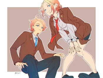 Rule 34 | 1boy, 1girl, alternate costume, blonde hair, blue eyes, blue pants, blue skirt, border, brown jacket, closed mouth, collared shirt, commentary request, gradient hair, illycia, invisible chair, jacket, jacket on shoulders, long sleeves, looking at viewer, multicolored hair, necktie, nintendo, outside border, pants, pencil skirt, pink hair, pokemon, pokemon legends: z-a, red necktie, shirt, simple background, sitting, skirt, smile, taunie (pokemon), twitter username, urbain (pokemon), white border, white shirt