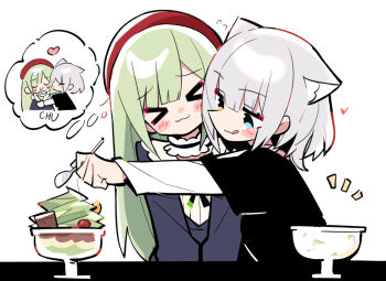 >_< 2girls :3 animal_ears bang_dream! bang_dream!_it's_mygo!!!!! black_shirt blue_dress blue_eyes blush cat_ears choker closed_eyes closed_mouth commentary_request dress food frilled_choker frills green_hair heart heterochromia highres imagining kaname_raana layered_sleeves licking_lips long_sleeves mortis_(bang_dream!) mortis_(persona)_(bang_dream!) multiple_girls parfait puckered_lips raana_the_cat shirt short_over_long_sleeves short_sleeves simple_background smile speech_bubble thought_bubble tongue tongue_out wakaba_mutsumi white_background white_hair x3 yellow_eyes yuri zhanzhangzlw