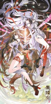 2girls animal_ear_fluff animal_ears arm_up armlet bare_shoulders black_hair black_shoes breasts brown_hair brown_tail china_dress chinese_clothes closed_mouth clover clover_hair_ornament commentary dress droopy_ears dual_persona floating_hair from_side glowing glowing_sword glowing_weapon gradient_hair hair_ornament hairband highres jewelry large_breasts leg_tattoo leg_up long_hair looking_at_viewer mising_0033 moon moon_phases multicolored_hair multiple_girls parted_lips qingming_sword red_eyes red_hair see-through_horns shoes silver_armlet tail tattoo very_long_hair weapon white_dress white_hair white_hairband white_tail ye_shunguang zenless_zone_zero