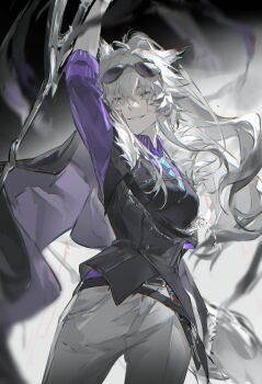 Rule 34 | 1girl, absurdres, animal ears, arknights, arm up, belt, black background, black cape, black vest, blue necktie, breasts, cape, chromatic aberration, collared shirt, commentary request, cowboy shot, eyewear on head, floating hair, grey eyes, grey hair, grey pants, grin, hair between eyes, highres, holding, holding weapon, lappland (arknights), lappland the decadenza (arknights), lappland the decadenza (unruly humbleness) (arknights), long hair, looking at viewer, medium breasts, necktie, pants, ponytail, purple shirt, scar, scar across eye, scar on face, shirt, smile, solo, sunglasses, vest, weapon, wolf ears, wolf girl, xingzhuang guaimao get