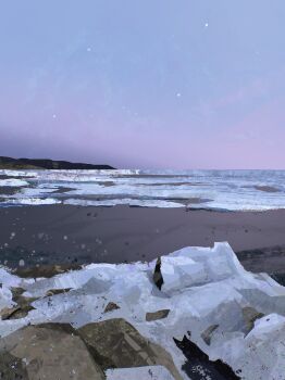 absurdres beach commentary highres landscape mountainous_horizon no_humans original outdoors painterly rock scenery shore sky star_(sky) starry_sky sunset surf symbol-only_commentary twulfs