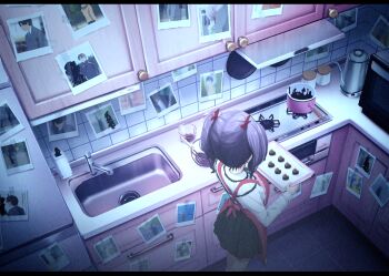 1girl apron black_skirt bow breasts cabinet candy chocolate chocolate_heart coffee_pot commentary facing_away feet_out_of_frame food hair_bow heart holding holding_tray indoors large_breasts letterboxed long_sleeves microwave mixing_bowl original photo_(object) pleated_skirt pot purple_hair red_apron red_bow refrigerator scribble shirt short_hair short_twintails sink skirt soap_dispenser solo stalking stove suyamori tape tray twintails valentine white_shirt yandere