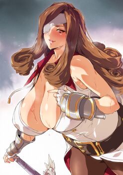 1girl bare_shoulders beatrix belt black_belt blush breasts brown_eyes brown_hair cleavage closed_mouth collared_shirt covered_erect_nipples drill_hair elbow_gloves eyepatch final_fantasy final_fantasy_ix gauntlets gloves highres holding holding_sword holding_weapon large_breasts leaning_forward lips long_hair looking_at_viewer save_the_queen shirt simple_background sleeveless sleeveless_shirt solo square_enix standing sweat sword upper_body weapon white_background white_shirt yajiro_masaru