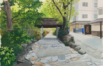 absurdres apartment bush chain-link_fence cobblestone day fence harusa1107 hashtag-only_commentary highres no_humans original painting_(medium) path plant road scenery shadow sidewalk sunlight traditional_media tree window