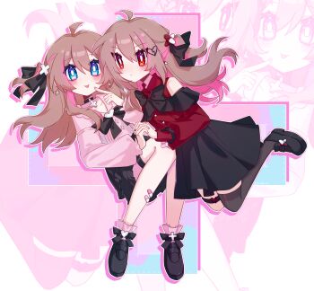 2girls absurdres ahoge bandaid bandaid_on_leg bare_shoulders black_bow black_bowtie black_collar black_ribbon black_shoes black_skirt black_thighhighs blue_eyes bow bowtie broken_heart broken_heart_hair_ornament brown_hair closed_mouth collar commentary_request ear_piercing evil_neuro-sama frilled_shirt frilled_shirt_collar frills from_side full_body hair_ornament hair_ribbon heart high-waist_skirt highres jirai_kei long_hair long_sleeves looking_at_viewer multiple_girls neuro-sama o-ring o-ring_thigh_strap piercing pill_hair_ornament pink_shirt red_eyes red_shirt ribbon shirt shoes siblings single_thighhigh sisters skirt thigh_strap thighhighs tongue tongue_out twins two_side_up user_hmyv8473 vedal_ai virtual_youtuber x_hair_ornament