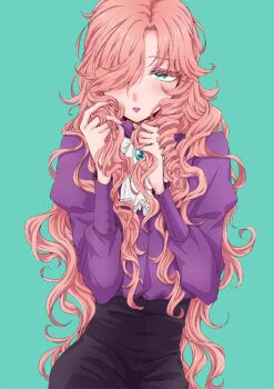 1boy aqua_background aqua_eyes ascot black_pants blonde_hair blush colored_eyelashes commentary_request contrapposto curtained_hair eyelashes eyeshadow frilled_shirt_collar frills gem hair_over_one_eye hands_in_own_hair hands_up high-waist_pants juliet_sleeves long_hair long_sleeves looking_at_viewer makeup male_focus maraich_juschenfe msh_chaba69 pants parted_bangs parted_hair parted_lips patalliro! pink_eyeshadow pink_lips pink_nails puffy_sleeves purple_shirt raised_inner_eyebrows shirt shirt_tucked_in simple_background solo straight-on trap upper_body very_long_hair wavy_hair white_ascot