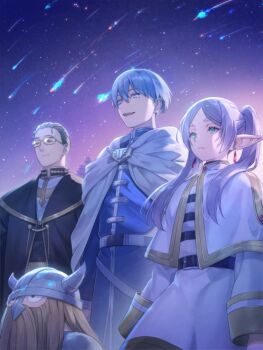 1girl 3boys arms_at_sides beard blue_eyes blue_hair blue_jacket brown_hair cape capelet closed_mouth dwarf earrings eisen_(sousou_no_frieren) elf facial_hair fake_horns frieren full_beard glasses gold_trim green_eyes grey_cape grey_hair heiter helmet himmel_(sousou_no_frieren) horned_helmet horns jacket jewelry long_hair long_sleeves meteor_shower multiple_boys night night_sky official_art open_mouth parted_bangs pointy_ears purple_skirt ragnador shirt short_hair skirt skirt_set sky smile sousou_no_frieren star_(sky) starry_sky striped_clothes striped_shirt third-party_source twintails white_capelet white_jacket white_skirt