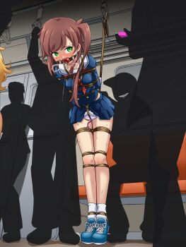 2girls absurdres arms_behind_back ball_gag bdsm blonde_hair blue_skirt blush bondage bound bound_arms bound_breasts bound_legs bound_torso breast_bondage breasts breath brown_hair chikura_shizuru clothes_lift controller crotch_rope crying crying_with_eyes_open drooling duct_tape embarrassed female_focus gag gagged green_eyes grin hat highres hoshi_nadeshiko improvised_gag indoors kidnapped kidnapping long_hair long_sleeves looking_at_another looking_to_the_side looking_up medium_hair midriff midriff_peek multiple_girls multiple_others navy_blue_skirt neckerchief nervous nervous_sweating panties pelvic_curtain pleated_skirt ponytail public_bondage public_indecency public_vibrator purple_panties pussy red_neckerchief remote_control remote_control_vibrator remote_vibrator rope sailor_collar sailor_shirt saliva saliva_trail school_uniform serafuku sex_toy shibari shibari_over_clothes shirt shoes shuumatsu_train_doko_e_iku? side_ponytail sidelocks silhouette skin_tight skindentation skirt skirt_lift sliding_doors small_breasts smile socks suspended_congress suspension sweat sweatdrop tape tape_bondage tape_gag taped_hands tearing_up tears thalter39o thighhighs tiptoes train train_interior underwear vibrator vibrator_cord vibrator_under_clothes vibrator_under_panties white_socks worried