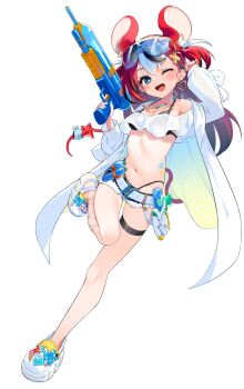 1girl ;d animal_ear_fluff animal_ears belt bikini bikini_under_clothes black_bikini black_hair black_shorts blue_eyes braid breasts commentary crocs cutoffs earrings english_commentary goggles goggles_on_head hair_between_eyes hair_ornament hakos_baelz heart heart_earrings highleg highleg_bikini highres holding hololive hololive_english jewelry kutata long_hair long_sleeves looking_at_viewer medium_breasts mouse_ears mouse_girl mouse_tail multicolored_hair navel one_eye_closed open_mouth puffy_long_sleeves puffy_sleeves red_hair seashell sharp_teeth shell shoes short_shorts shorts simple_background sleeves_past_wrists smile solo standing standing_on_one_leg starfish swimsuit tail teeth two-tone_hair two_side_up virtual_youtuber water_gun white_background white_belt white_hair white_shoes x_hair_ornament