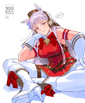 Rule 34 | 1girl, absurdres, animal ears, boots, brown hat, city (nnnnnnn 100), dress, ear covers, gloves, gold ship (red strife) (umamusume), gold ship (umamusume), grey hair, hat, high heel boots, high heels, highres, horse ears, horse girl, indian style, long hair, looking at viewer, pantyhose, pillbox hat, red dress, red eyes, simple background, sitting, sleeveless, sleeveless dress, solo, umamusume, white background, white boots, white gloves, white pantyhose