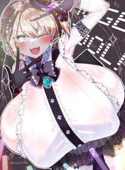 1girl asymmetrical_bangs blonde_hair blue_eyes blush breasts female_focus frilled_shirt frills gigantic_breasts hat huge_breasts jewelry kuyu730 looking_at_viewer one_eye_closed open_mouth original outline pale_skin shiny_skin shirt short_hair small_hat smile solo sparkle top_hat white_outline wink