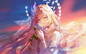 Rule 34 | 1girl, bare shoulders, cyrene (demiurge) (honkai: star rail), cyrene (honkai: star rail), diamond-shaped pupils, diamond (shape), dress, flower, gradient sky, hair flower, hair ornament, halo, hashtag-only commentary, highres, holding, holding flower, honkai: star rail, honkai (series), jewelry, long hair, looking at viewer, lyhae0, multicolored hair, pink hair, pointy ears, purple eyes, rose, sky, solo, symbol-shaped pupils, very long hair, white dress, white hair