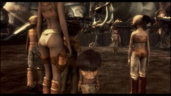 2boys 3d 4girls anime_screenshot ass belt fantasy gold_belt knife_sheath multiple_boys multiple_girls non-web_source sheath topless_male village
