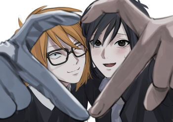 2boys black_eyes black_hair commentary_request gakuran glasses hands_up heart heart_hands heart_hands_duo highres jacket looking_at_viewer male_focus multiple_boys nil_(pixiv_53614557) one_eye_closed open_clothes open_jacket orange_hair randal&#039;s_friends randal_ivory school_uniform short_hair simple_background tsukada_satoru upper_body white_background