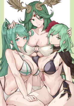 3girls absurdres bikini black_bikini black_capelet breasts capelet cleavage female_byleth_(awakened)_(fire_emblem) female_byleth_(fire_emblem) fire_emblem fire_emblem:_three_houses fire_emblem_heroes flower forehead_jewel green_eyes hair_flower hair_ornament hand_on_another&#039;s_head hand_on_own_thigh head_on_chest high_ponytail highres kid_icarus kid_icarus_uprising large_breasts laurel_crown long_hair looking_at_viewer multiple_girls navel nintendo o-ring o-ring_bikini palutena pink_hair pneuma_(xenoblade) ponytail short_hair sidelocks simple_background swimsuit white_background white_bikini xenoblade_chronicles_(series) xenoblade_chronicles_2 yotsuha_uni