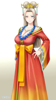 Rule 34 | 1girl, artist name, bead necklace, beads, blonde hair, blue eyes, blunt ends, breasts, cleavage, commentary request, dragon quest, dragon quest xi, gradient background, gradient robe, hair ornament, hand on own hip, highres, japanese clothes, jewelry, large breasts, long hair, looking at viewer, necklace, nima daishi, parted hair, solo, splush wave, st.germain-sal, updo, white background
