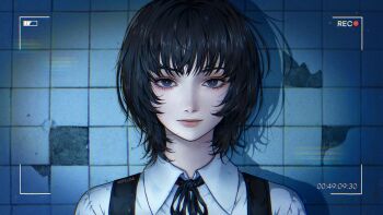 Rule 34 | 1girl, absurdres, artelsia, battery indicator, black dress, black eyes, black hair, closed mouth, collared shirt, commentary, dress, eri (sayonara eri), highres, light smile, looking at viewer, pinafore dress, sayonara eri, shirt, sleeveless, sleeveless dress, solo, tile wall, tiles, viewfinder