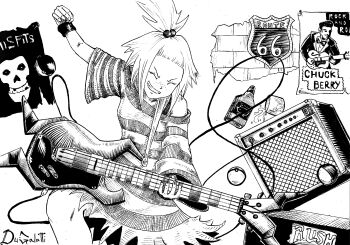 1girl alcohol amplifier artist_name bass_guitar bottle brick_wall cable chuck_berry commentary_request cup dress drinking_glass dugalatti fingernails freckles greyscale hair_bobbles hair_ornament highres holding holding_bass_guitar holding_instrument instrument long_sleeves misfits mixed-language_commentary monochrome music nintendo playing_instrument poke_ball pokemon pokemon_bw2 poster_(object) real_life rocks_glass route_66 roxie_(pokemon) rush_(band) sign smile solo spill striped_clothes striped_dress teeth topknot traditional_media v-shaped_eyebrows