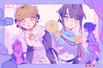 0_0 2girls ? alternate_costume black_hair blue_jacket blue_pants blunt_bangs blush breasts cho_toutoi_love colored_speech_bubble commentary dress epaulettes highres holding jacket kachimachi_kosuzu leaf leaf_on_head link!_like!_love_live! long_dress love_live! maid maid_headdress medium_breasts momose_ginko multiple_girls multiple_views official_alternate_costume open_mouth pants pink_eyes pipi_(m1x_mix) ponytail prince short_hair short_ponytail sidelocks simple_background sitting speech_bubble spoken_question_mark standing virtual_youtuber walking white_background