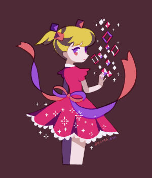 1girl ana_(mother) blonde_hair casting_spell commentary_request cropped_legs dress hair_ribbon looking_at_viewer looking_back mother_(series) mother_1 nintendo pink_dress red_eyes ribbon short_sleeves short_twintails solo tanba_(tanba-art) twintails twitter_username