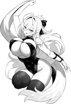 1girl :d azur_lane azur_lane:_slow_ahead black_thighhighs blush bow breasts covered_erect_nipples covered_navel fang greyscale hair_bow hakuhou_(azur_lane) hakuhou_(floral_ninja_roleplay)_(azur_lane) highres hori_(hori_no_su) huge_breasts long_bangs long_hair looking_at_viewer monochrome ninja official_alternate_costume open_mouth simple_background skin_fang smile solo thighhighs very_long_hair white_background