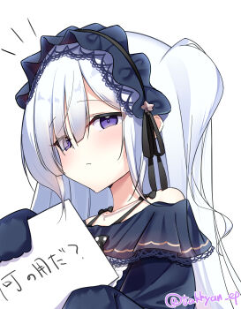 1girl absurdres blue_dress blue_hairband bow commentary_request crescent crescent_necklace dress frilled_dress frills gothic_lolita hair_over_one_eye hairband highres holding holding_sketchbook jewelry lolita_fashion lolita_hairband long_hair mahou_shoujo_no_majo_saiban natsume_an-an necklace polka_dot polka_dot_bow purple_eyes simple_background sketchbook sleeves_past_fingers sleeves_past_wrists solo takkyan very_long_hair white_background white_hair