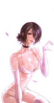 1girl absurdres bare_shoulders black_choker black_hair bra breasts chainsaw_man choker cleavage cowboy_shot dromi999 elbow_gloves falling_petals gloves grenade_pin hair_bun hair_over_one_eye half-heart_hands highres light_smile medium_breasts medium_hair midriff navel panties petals pink_petals reze_(chainsaw_man) skindentation solo thighhighs underwear white_background white_bra white_gloves white_panties white_thighhighs