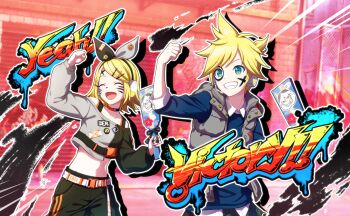 Rule 34 | 1boy, 1girl, ^ ^, aqua eyes, belt, black pants, blonde hair, blue sweater, bow hairband, choker, clenched hand, closed eyes, collared sweater, colorful palette, crop top, emphasis lines, english text, fang, game cg, grey shirt, grey vest, grin, hair ornament, hairband, hairclip, highres, holding, holding paddle, hood, hooded vest, hoodie, kagamine len, kagamine rin, long sleeves, official art, outline, paddle, pants, project sekai, puffy long sleeves, puffy sleeves, sekai no happy new year! (project sekai), shirt, smile, spiked hair, sweater, teeth, third-party source, vest, vivid bad squad len, vivid bad squad rin, vocaloid, white belt, white outline