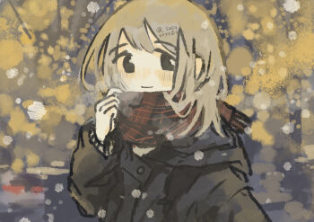 1girl absurdres blonde_hair closed_mouth commentary_request grey_jacket highres jacket long_sleeves looking_at_viewer original outdoors plaid_clothes plaid_scarf sasaxxxx06 scarf snowing solo winter winter_clothes