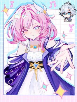 1boy 1girl ;) absurdres ahoge bare_shoulders breasts chinese_commentary coat commentary_request cyrene_(aedes_elysiae)_(honkai:_star_rail) cyrene_(honkai:_star_rail) dress grid_background hair_ornament highres honkai:_star_rail honkai_(series) jewelry looking_at_viewer multicolored_hair musical_note necklace one_eye_closed phainon_(a_dream_scented_in_wheat)_(honkai:_star_rail) phainon_(honkai:_star_rail) pink_hair pointy_ears purple_coat purple_shirt qi918173 reaching reaching_towards_viewer shirt short_hair small_breasts smile textless_version two-tone_hair white_dress white_hair