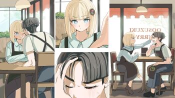 Rule 34 | 1boy, 1girl, absurdres, alternate costume, apron, black hair, black pants, blonde hair, blue eyes, brown apron, ceiling light, chair, character print, commentary request, hair ornament, hand on another's head, highres, maruko gaku, multiple views, on chair, oosuzuki kurara, pakimoti, pants, red eyes, restaurant, shirt, short hair, sitting, table, the hundred line -last defense academy-, white shirt