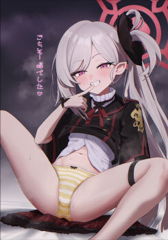 1girl absurdres black_jacket blue_archive bow bow_panties emblem finger_to_mouth grey_hair grin halo highres jacket keke_(user_djyu7823) loli long_hair mesugaki multicolored_jacket mutsuki_(blue_archive) naughty_face no_pants panties red_halo red_jacket shirt side_ponytail sitting smile solo spread_legs steam steaming_body striped_clothes striped_panties sweat teeth thigh_strap translated two-tone_jacket underwear white_shirt yellow_panties